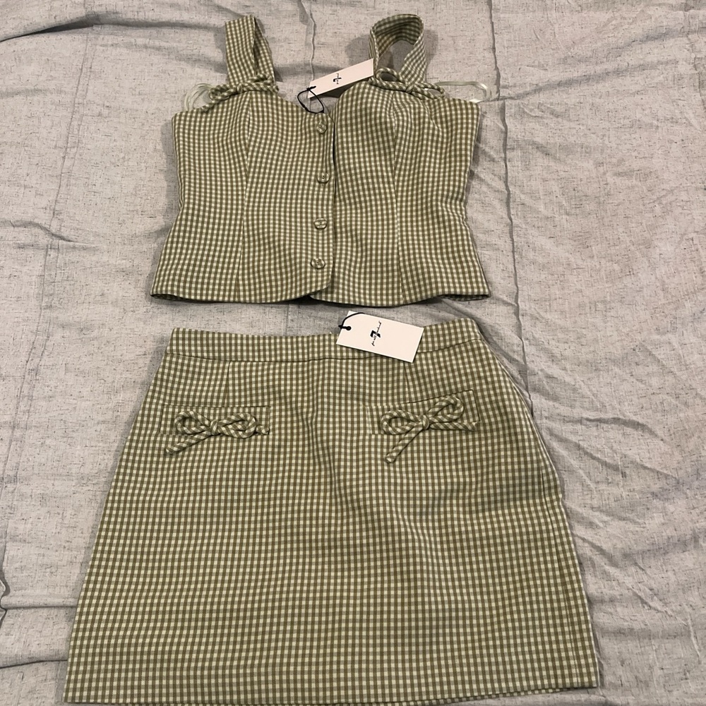 7 For All Mankind Green Checkered Skirt Set
